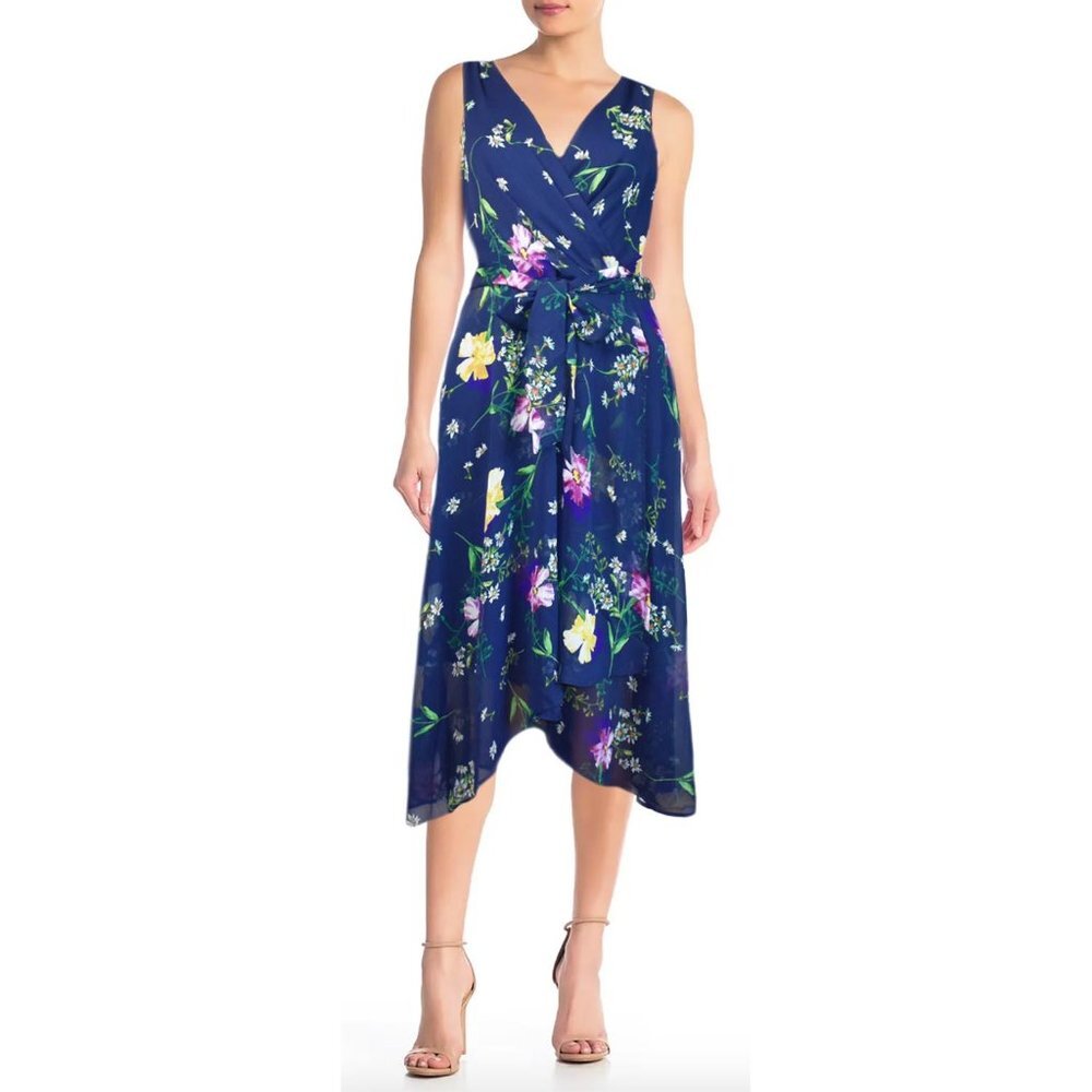 DKNY Women’s Dress La Fleur Goddess Chiffon V-Neck Wrap Size 14 - Picture 1 of 6